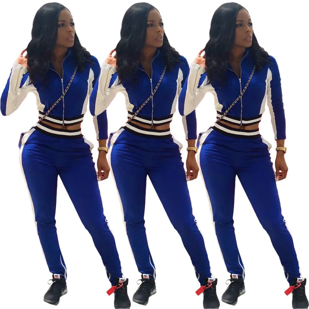 

Fashion women's autumn and winter new stitching striped casual sports suit, Blue colors