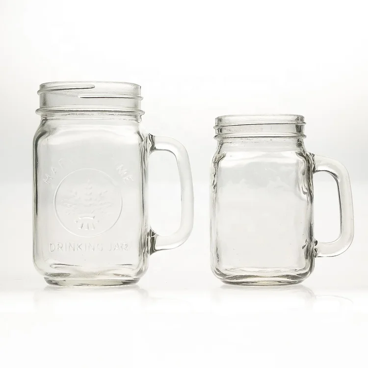 

Factory Price 400ml Square Clear Beverage Food Packaging Glass Mason Jar with Handle and Straw, Transparent