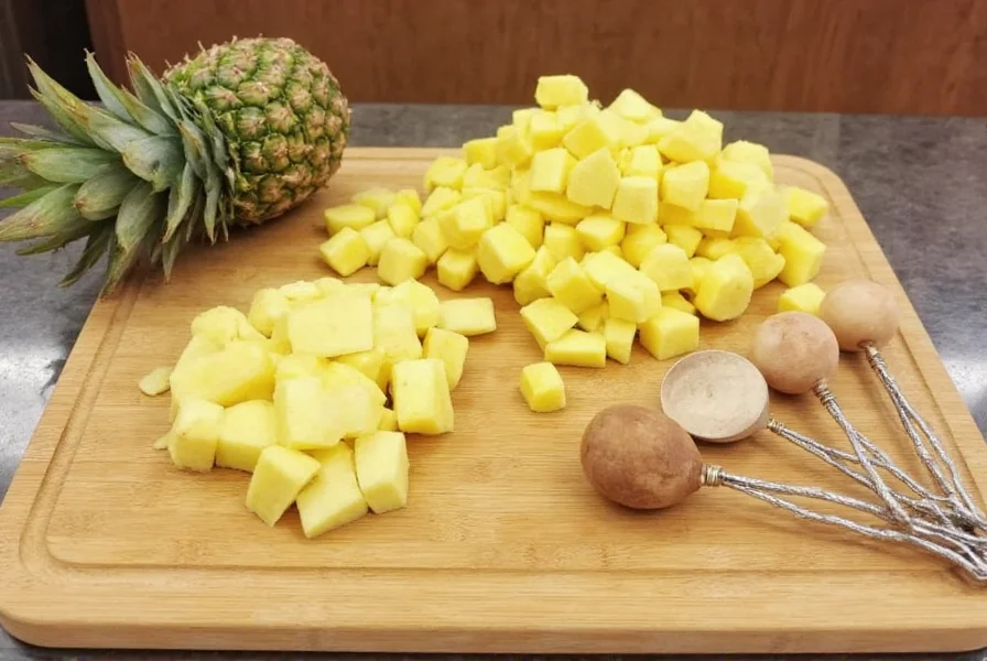Fresh pineapple chunks and sliced ginger root on wooden cutting board with measuring spoons