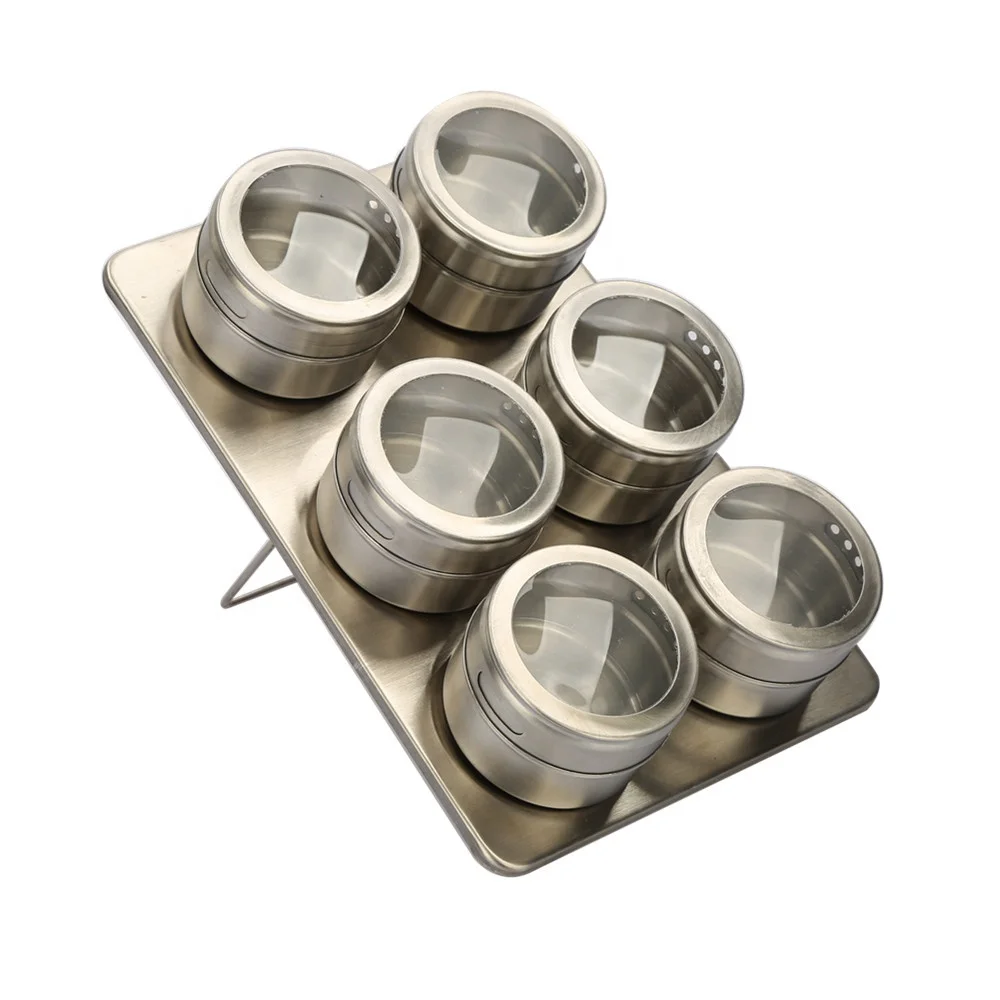 

6 Pcs Stainless Steel Spice Jars Storage Condiment Containers with Clear Top Lid Magnetic Spice Tins