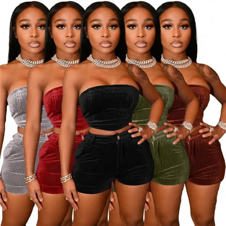 

OSINA Women Fashion Clothing Solid Color Sexy Strapless Tube Tops 2 Piece Women Shorts Set