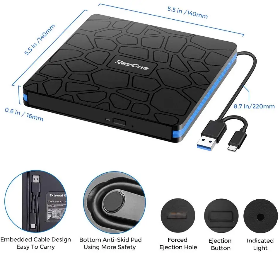 
Raycue High-Speed Low Noise External CD DVD Player Drive Portable CD-RW Burner Reader with USB 3.0 Type-C 