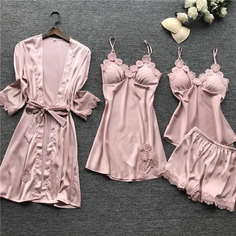 

Satin Sexy Lace Pajamas Sleepwear 4 pieces Set Pyjama Silk Homewear Spaghetti Strap Pijama Women Sleepwear With Chest Pads, Picture