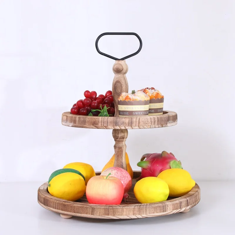 

wholesale wood tray table serving with metal handles 2 tiered tray with metal handle