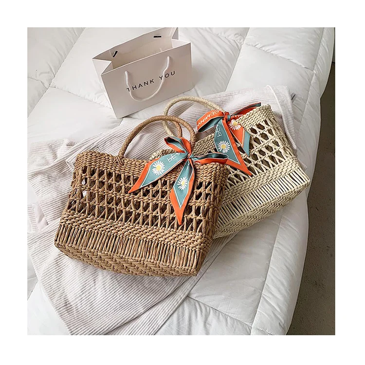 

Trendy Hollow Woven Basket Bag For Picnic Ribbon Scarf Straw Bag Portable Summer Vacation Large Capacity Beach Bags Female Tote
