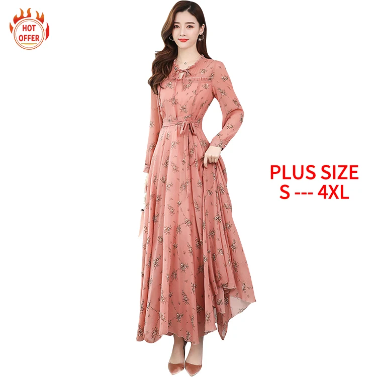 

Hot Sale Round Neck Long Sleeve Stylish Sexy Elegant Chiffon Floral Maxi Woman's Summer Casual Plus Size Dress