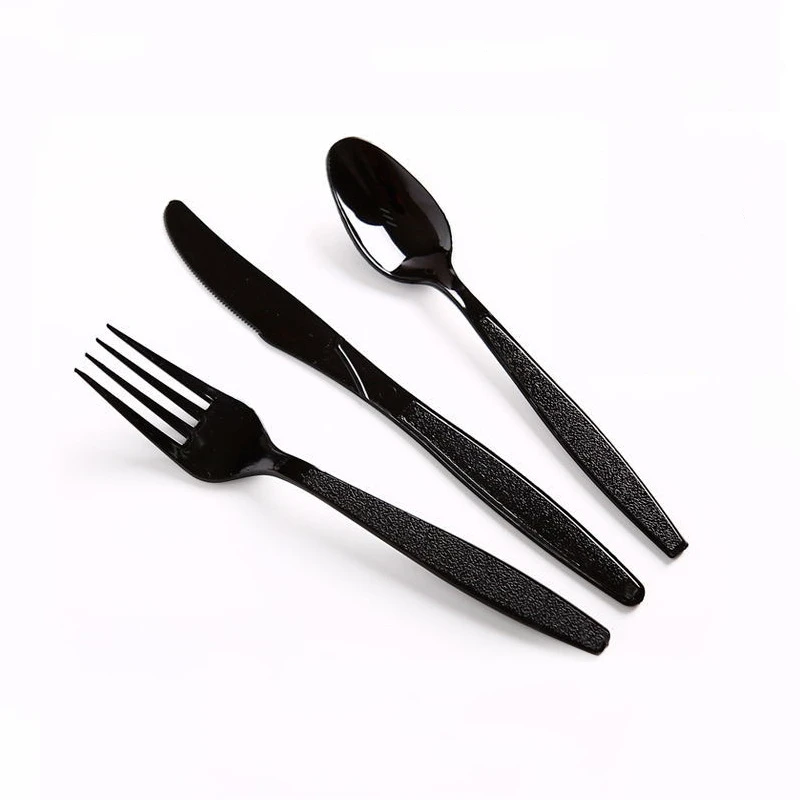 

7 inch Disposable Black Transparent White Food Grade PS Plastic Forks Spoons Knives Cutlery Utensil Set For Restaurant Picnics