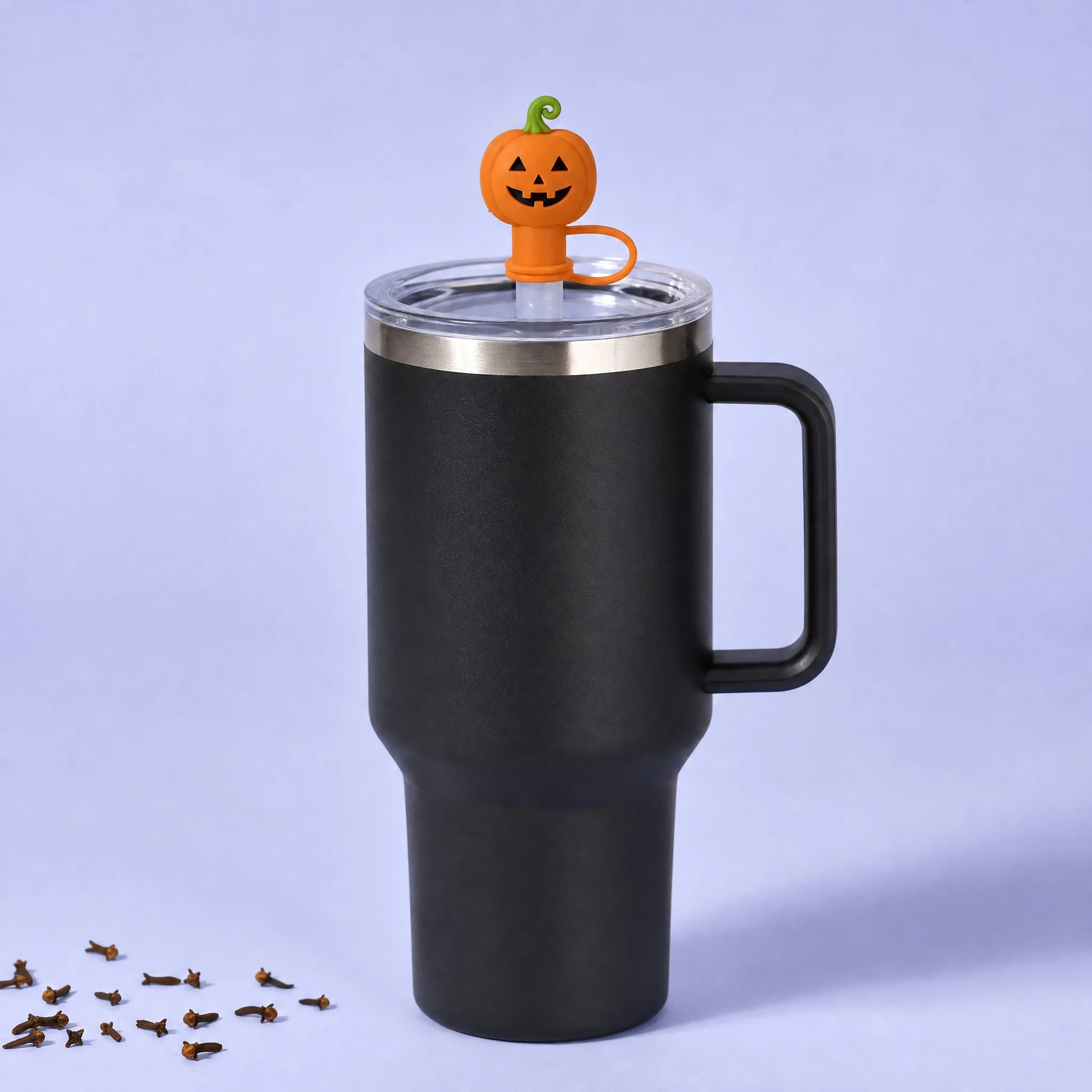 Jack-o'-Lantern Pumpkin Straw Cover on Matte Black 40oz Stanley Tumbler