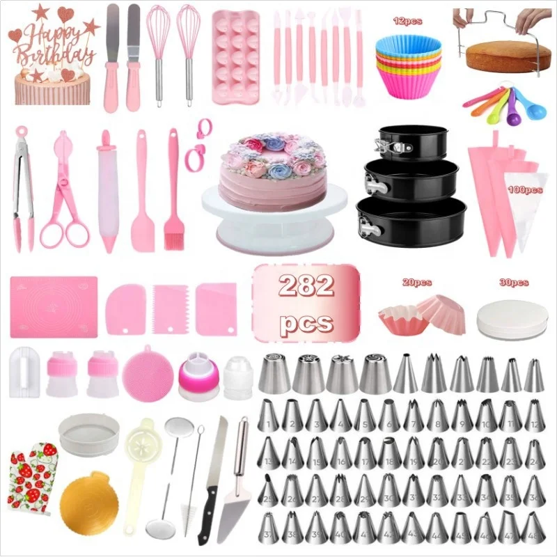 

NEW 2021 Amazon Hot Sale Pink Cake Decorating Supplies Baking Tools Kit Piping Tips Fondant 282 PCS Cake Decorating Tools Set, White