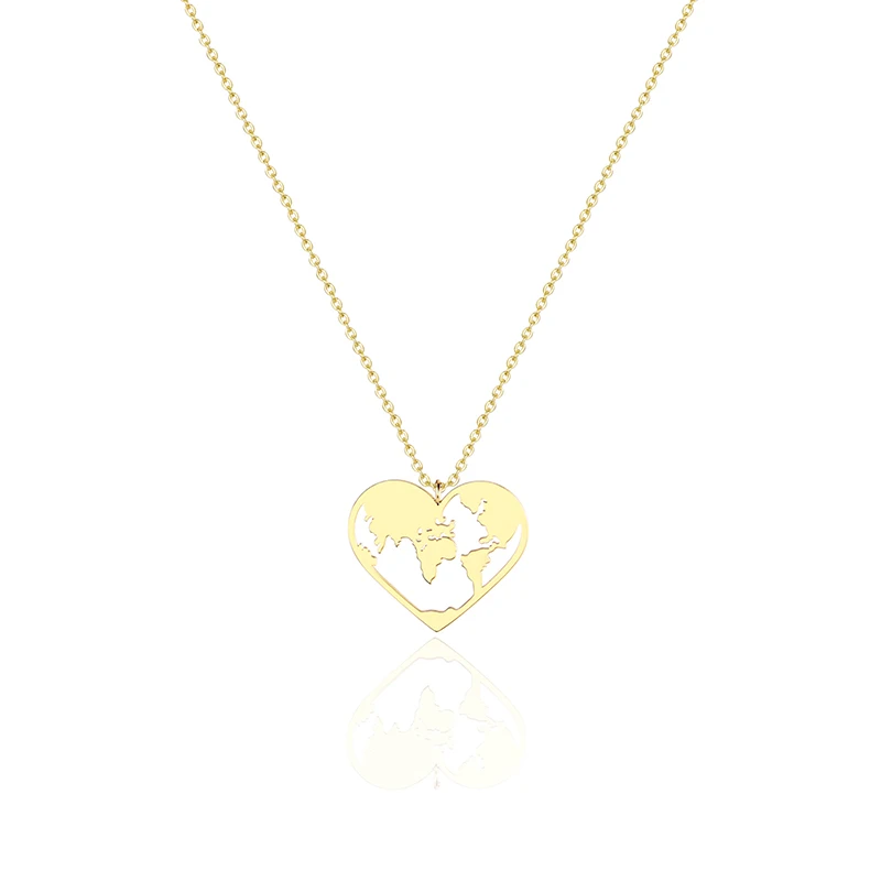 

Special Gift Stainless Steel Gold Plated Adjustable Chain Heart Shape World Map Charm Necklace Women