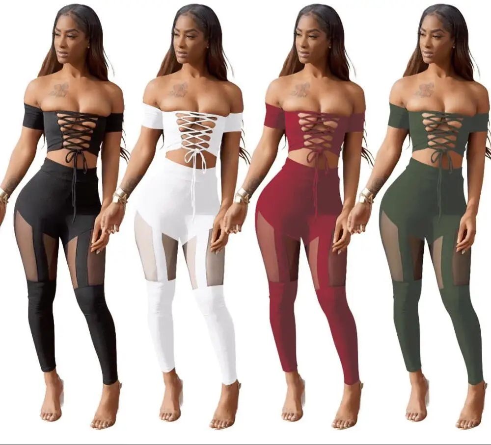 

B34747A 2020 Hot ladies sexy 2 pcs mesh hollow out bandage pants set, Shown