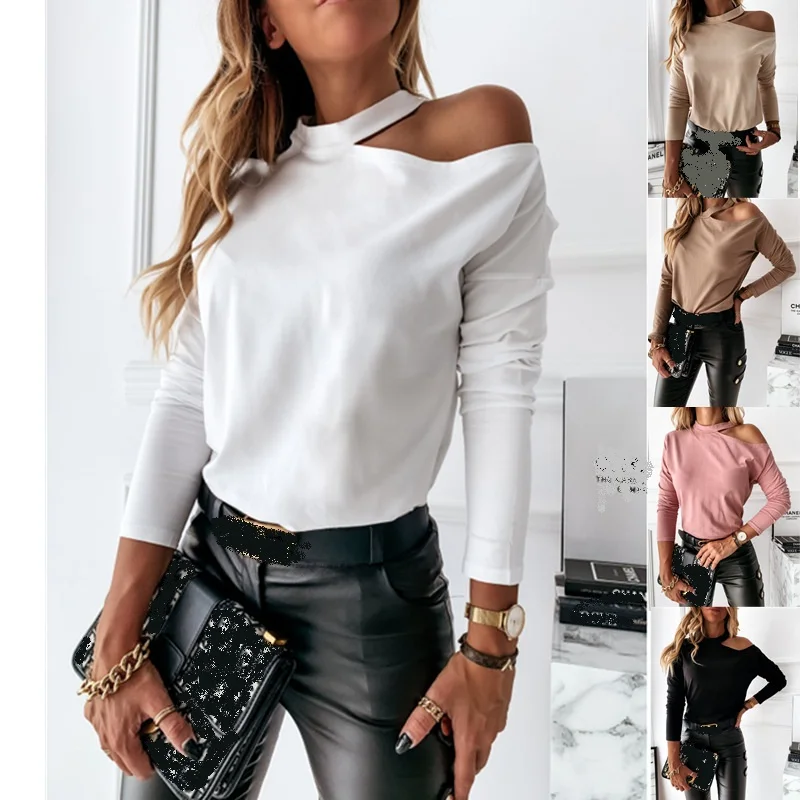 

Winter Blouse Women Long Sleeve Off Shoulder Top Casual White Blouse Shirt Solid Color Loose Halter Fashion Women Blouses