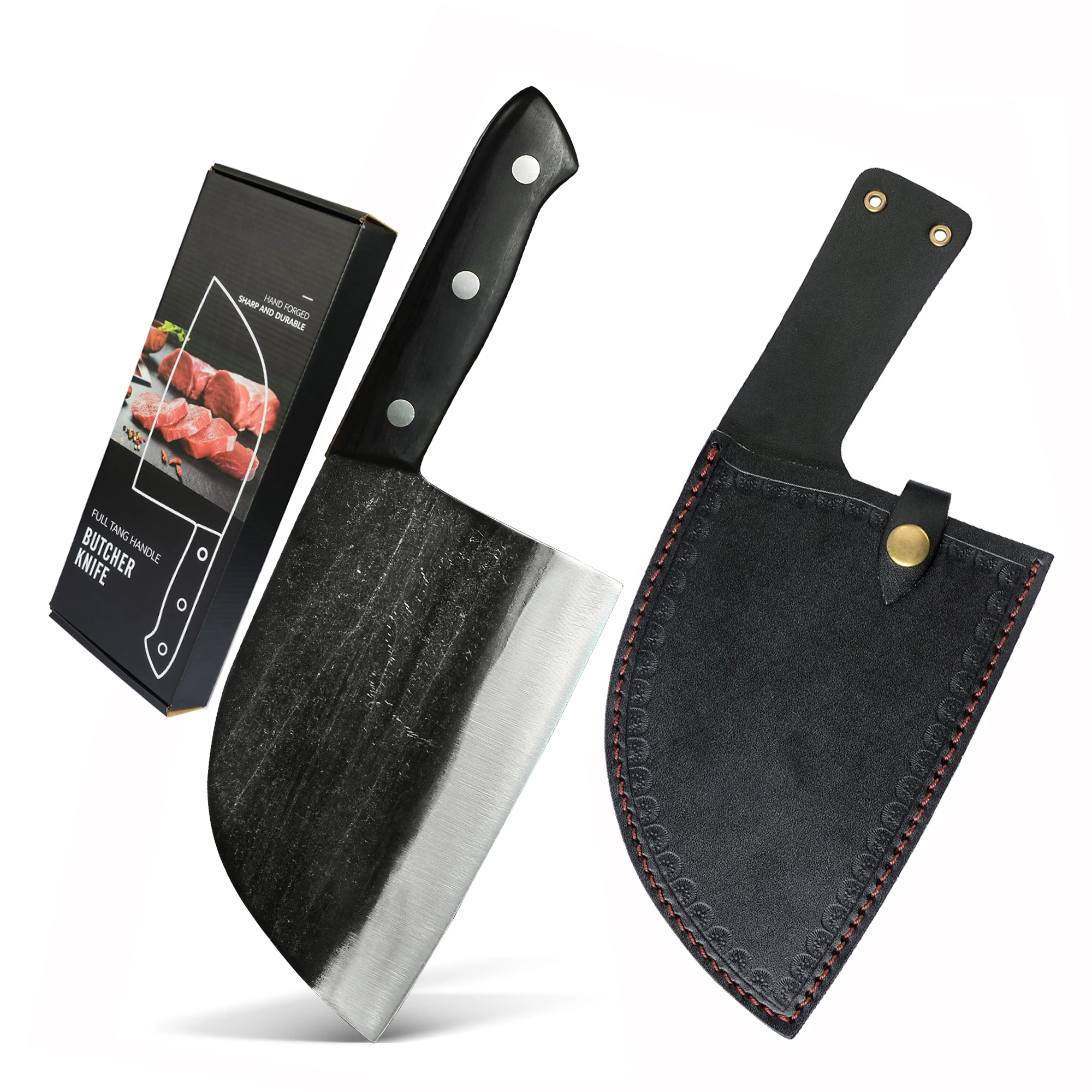 

Wholesale Chinese Butcher Cleaver Leather Sheath 7 Inch Stainless Steel Serbian Forged Kitchen Butchers Hand Forge Knife Set