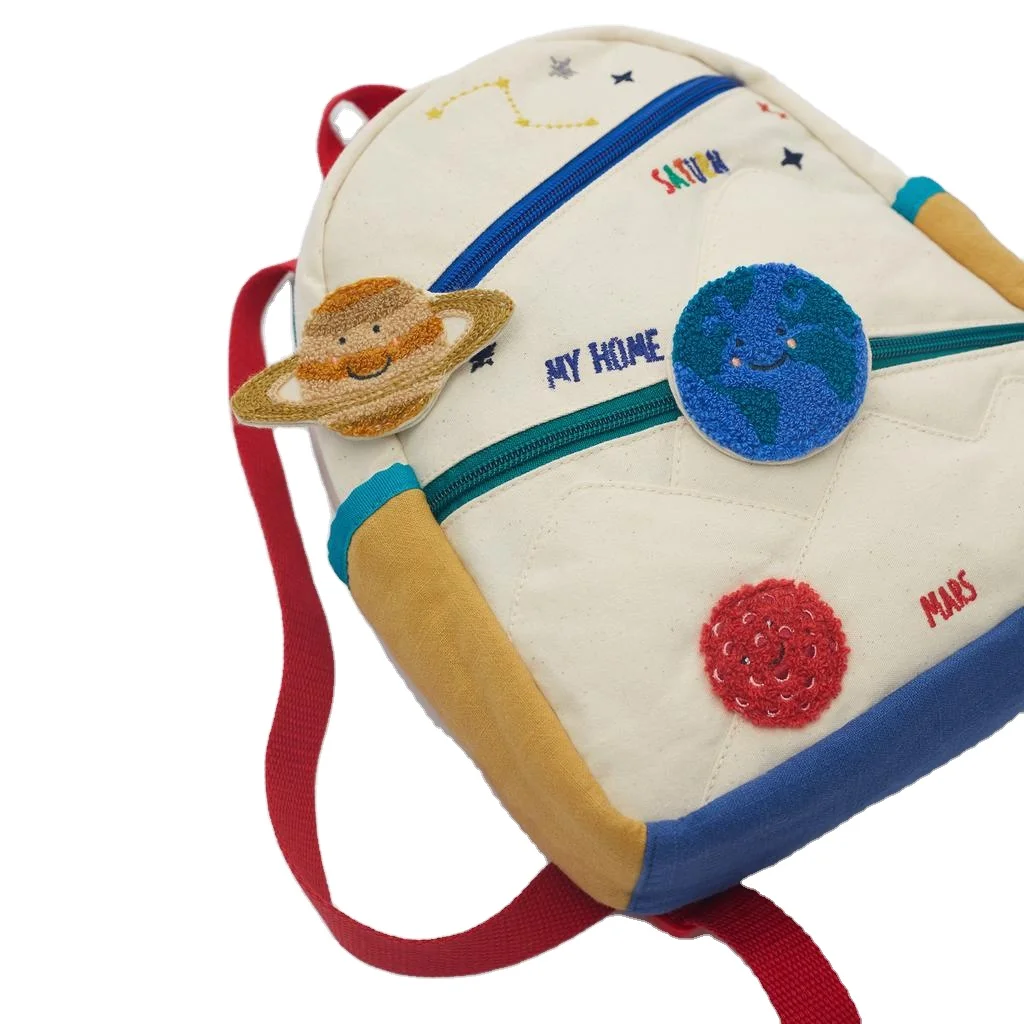 

New children's stitching cotton canvas Saturn planet embroidery backpack lovely girl color matching leisure schoolbag, Picture color , can be customized