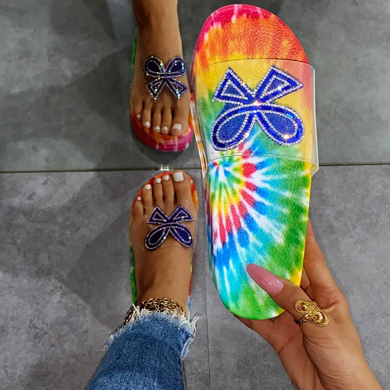 

New fashion transparent rainbow color plus size increase women's sandals bright color bow slide slippers