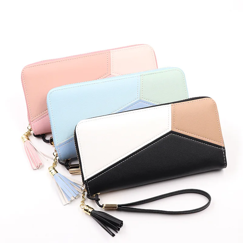 

Long Size Contrasting Color Leather Clutch Wallet Bag, Black, navy, blue, orange, or oem