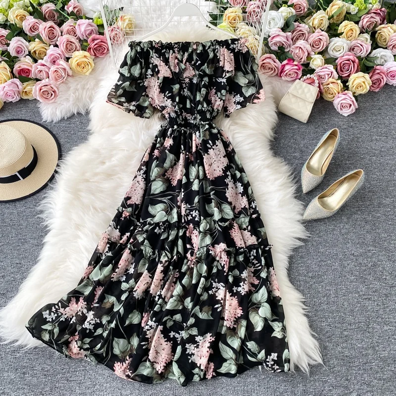 

2021 Amazon hot sale Drop Shipping Holiday Dress New Summer Sexy One Line Neck Strapless Ruffled Long Chiffon Floral Dress, Picture