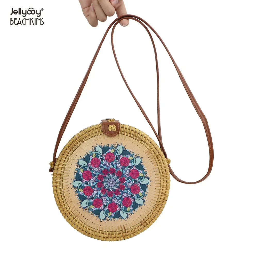 

Jellyooy BEACHKINS Vietnam Rattan Vintage Bag INS Girl Natural Rattan Round Bag Hand Woven Straw Beach Bag With Pattern Printed, 11 colors, accept make new color