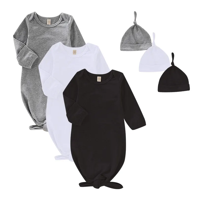 

Baby Clothes cotton Sleep bag Girl Nightgowns Boy Knotted Gown and Hat Polyester Baby Bodysuit For Newborn Baby Clothes Unisex, Black,white,gray