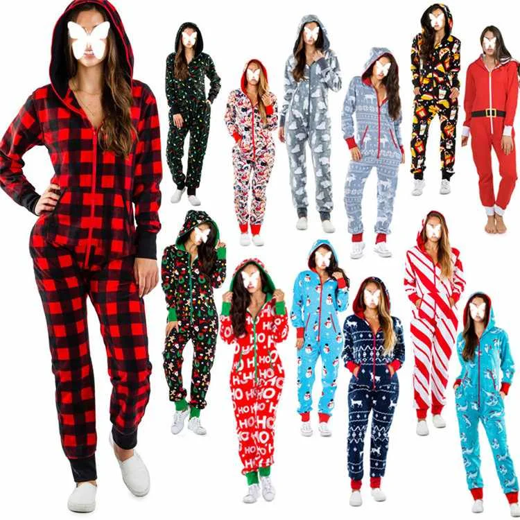 

Consignment Y-3255 New style hot sale one-piece pajamas women autumn and winter snowman print hooded home service coveralls Christmas pajama, Customized color