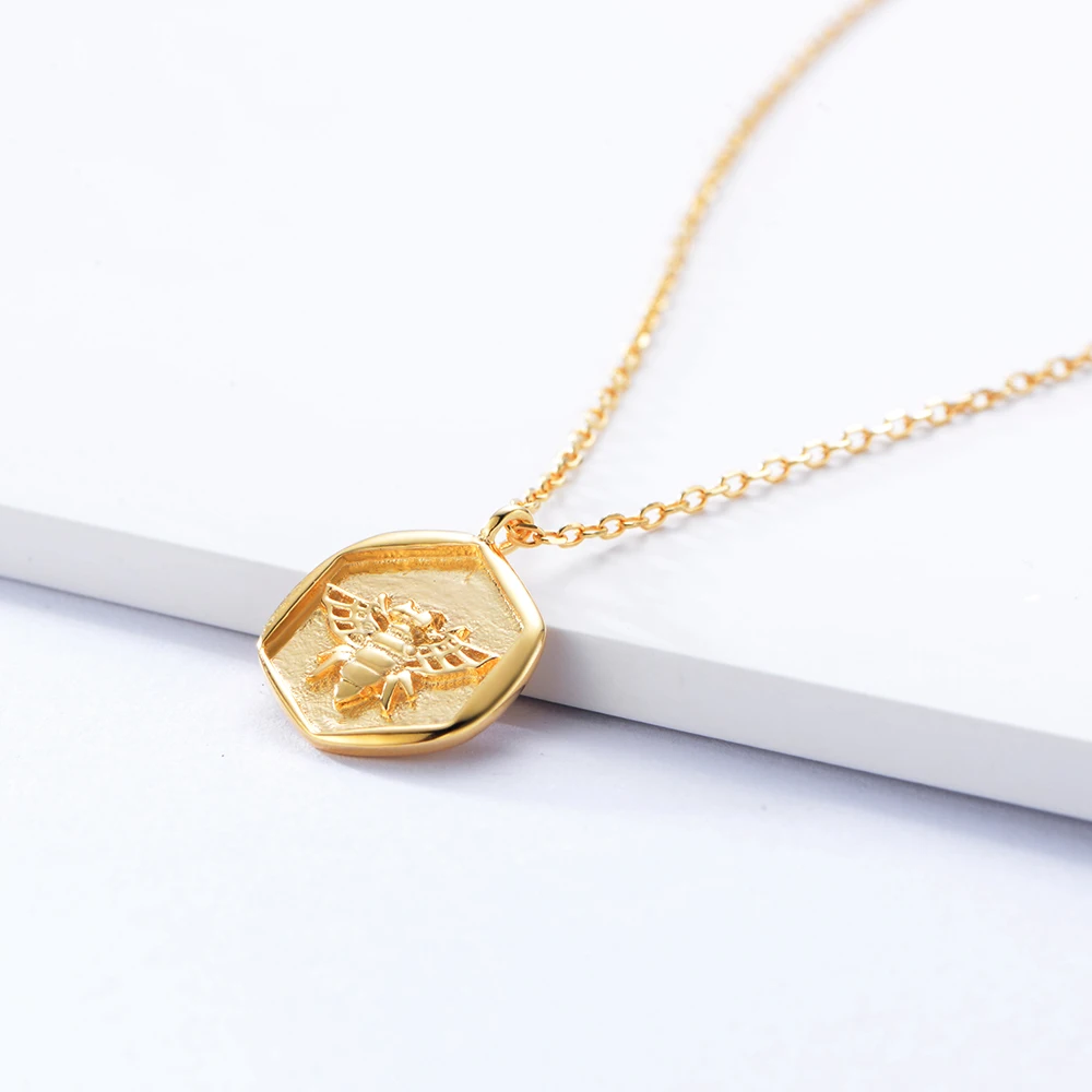 

925Minimalist vintage Sterling Silver Animal Necklace Honey Bee 14K Gold Coin Pendant Choker bijoux femme