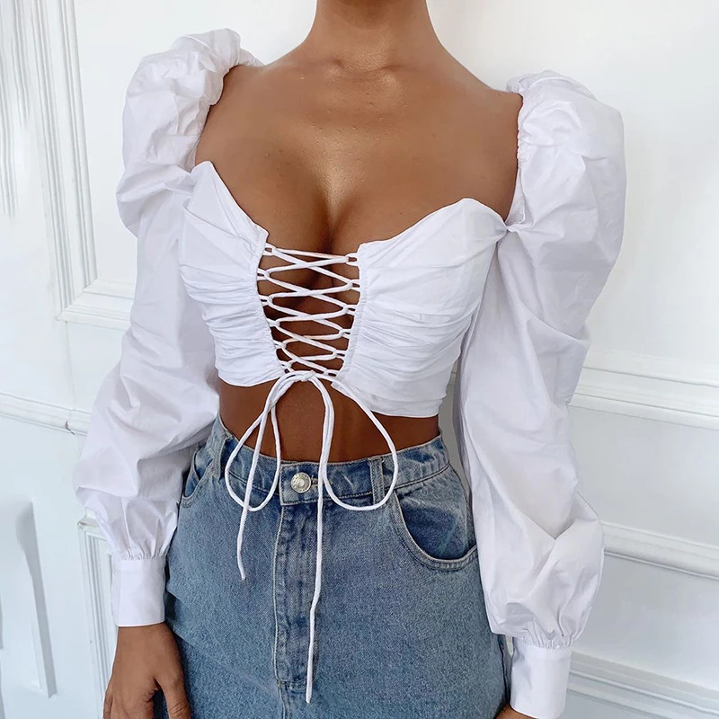 

2020 women summer cotton bandage blouse big long slush lantern sleeve adjustable lace up strap crop top White Summer