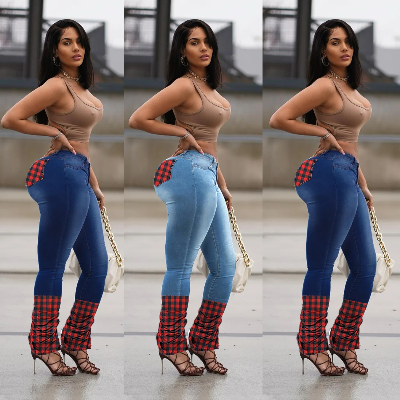 

F22005A hot sale boutique women high waist denim jeans women plaid splicing stretch jeans pants, Dark blue, medium blue