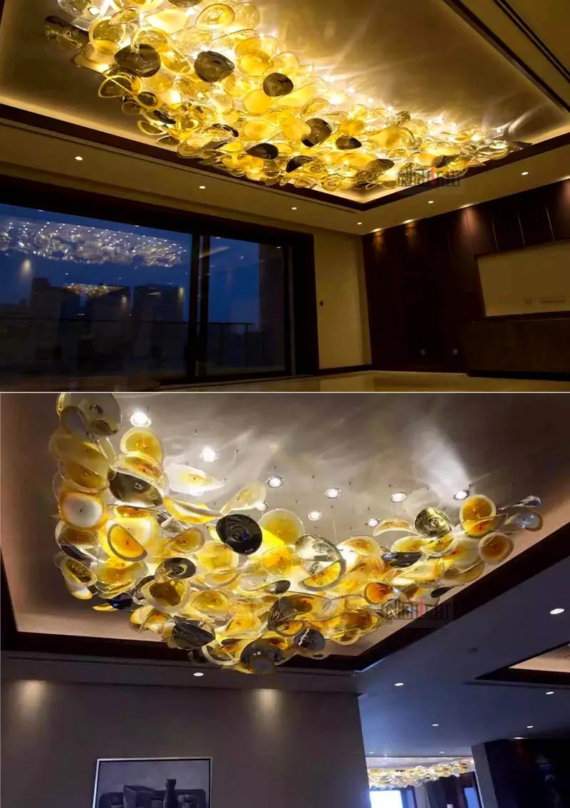 Customize the glass art Lotus leaf ceiling lamps for the foyer and living room of the hotel villa
