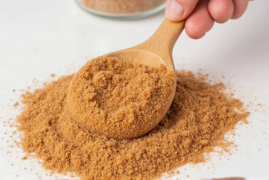 Glass jar filled with cinnamon sugar placed next to measuring spoons on wooden kitchen counter
