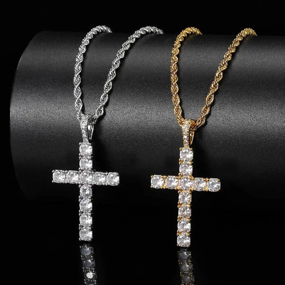 

Luxury Popular Hips Hops CZ Cross Necklace Real Gold Plated Twist Chain Micro Paved Zircon Cross Pendant Necklace For Girls