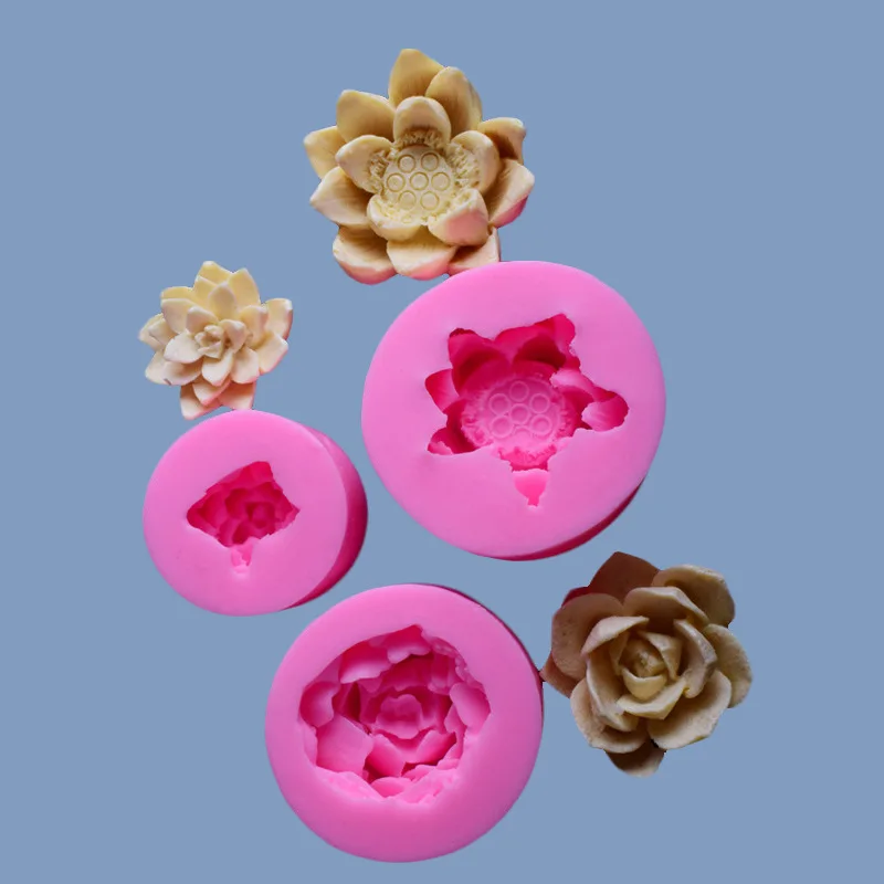 

5 types succulent lotus rose flower fondant silicone mold DIY chocolate cake decoration soap mold baking tool, As picture
