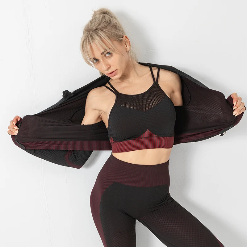 

Women Yoga Set Cross Bra Sports Seamless Gym Leggings Long Sleeve Jacket Fitness Sportswear Tracksuit 3Pcs, 12 colors