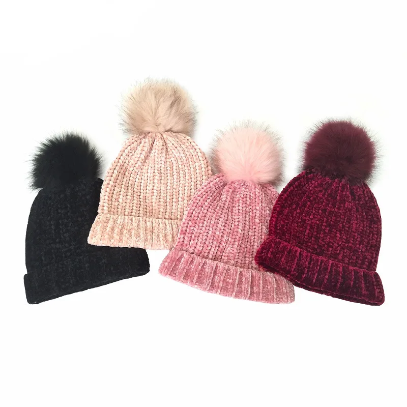 

wholesale Custom embroidery logo men and women unisex warm knitted winter hat fur pom pom knit beanie