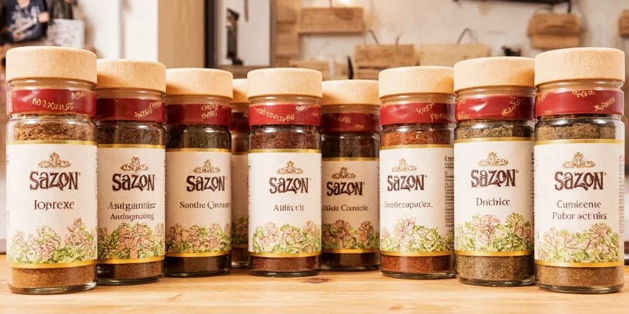 A traditional sazon spice blend bottle on a wooden counter.