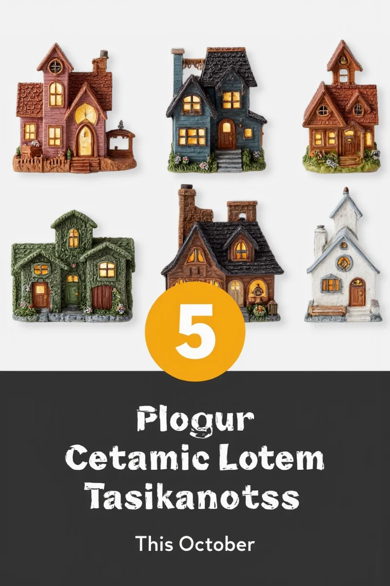 Styled Halloween decor featuring ceramic houses and other elements