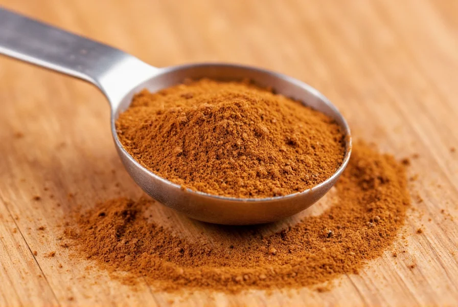 Measuring spoon with 1 teaspoon of ground Ceylon cinnamon on a wooden kitchen surface