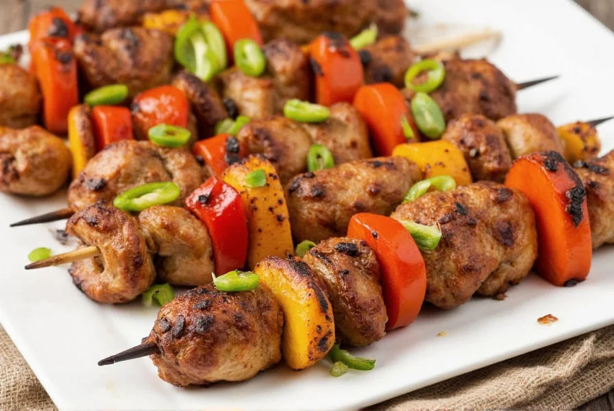 Family enjoying grilled jerk chicken kabobs at an outdoor party