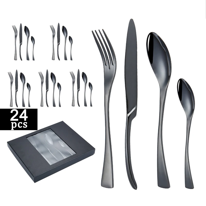 

Luxury mirror black stainless steel 24 pcs cutlery set with gift box, Black gold rose gold silver blue rainbow