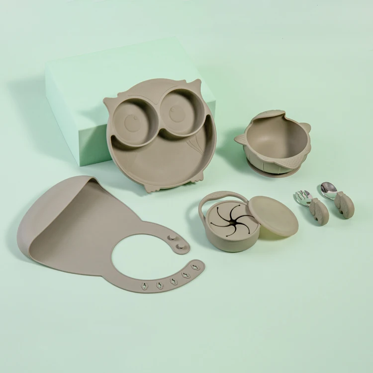 

Children dinnerware tableware baby 5 pieces sets silicone baby feeding set bowl plate snack cup spoon bib, Optional