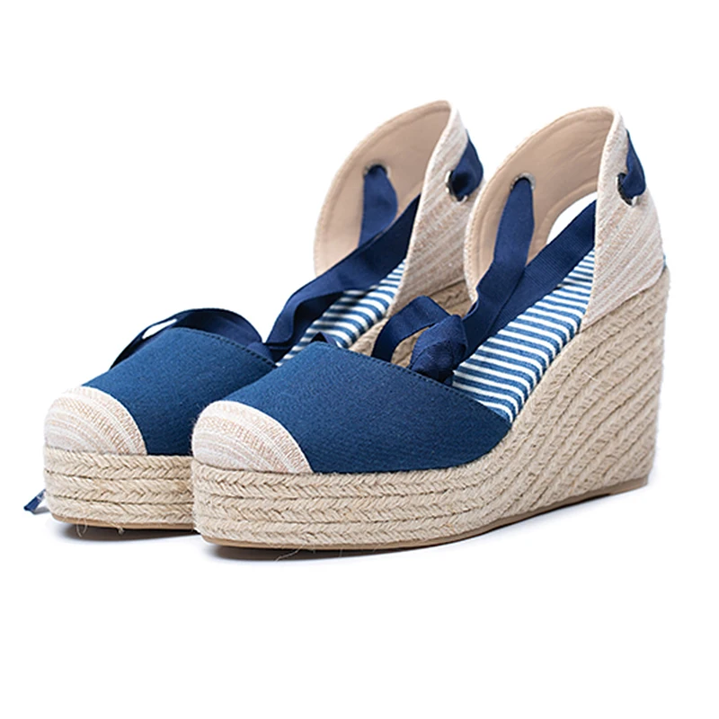 

Stock 2020 cheap espadrille wedge sandals 2020 women navy canvas stripe insole back lace up sandals, Sky blue