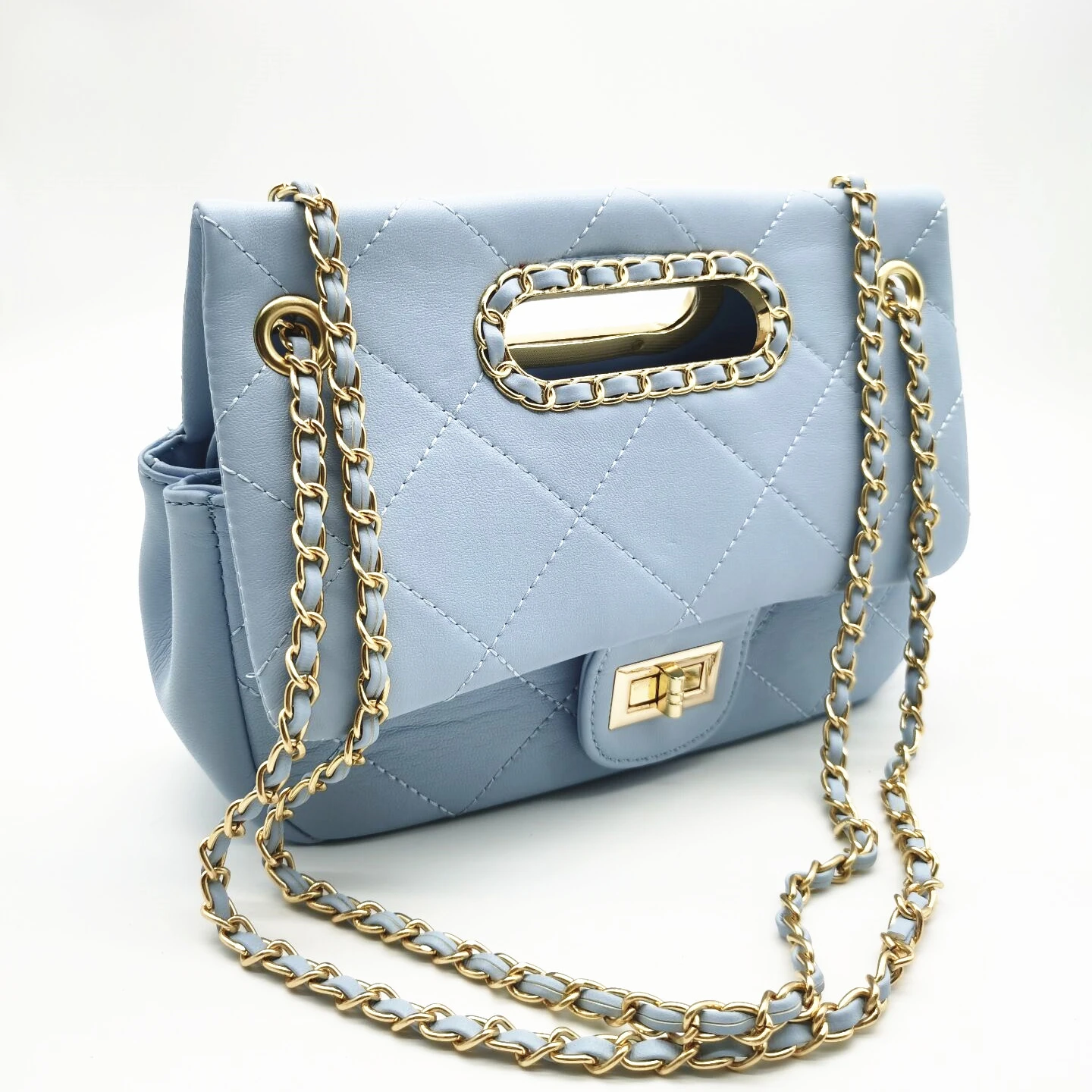 

New Arrival Soft Nappa Embroidery handbag for ladies stitching hand bag Purse Oval metal on handle good quality handbag, 5 color option