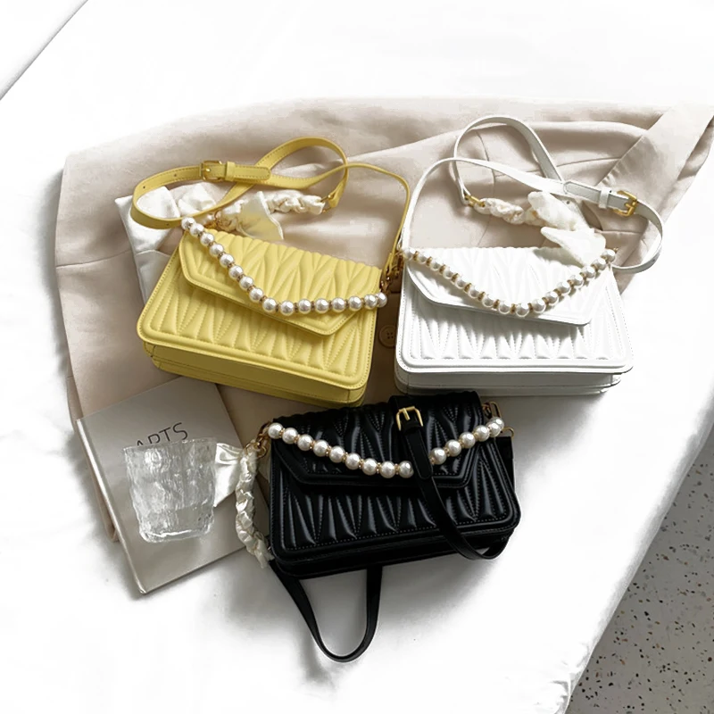 

Trendy Luxury Pleated Bags Women Crossbody Pu Leather Handbags Pearl Shoulder Bag