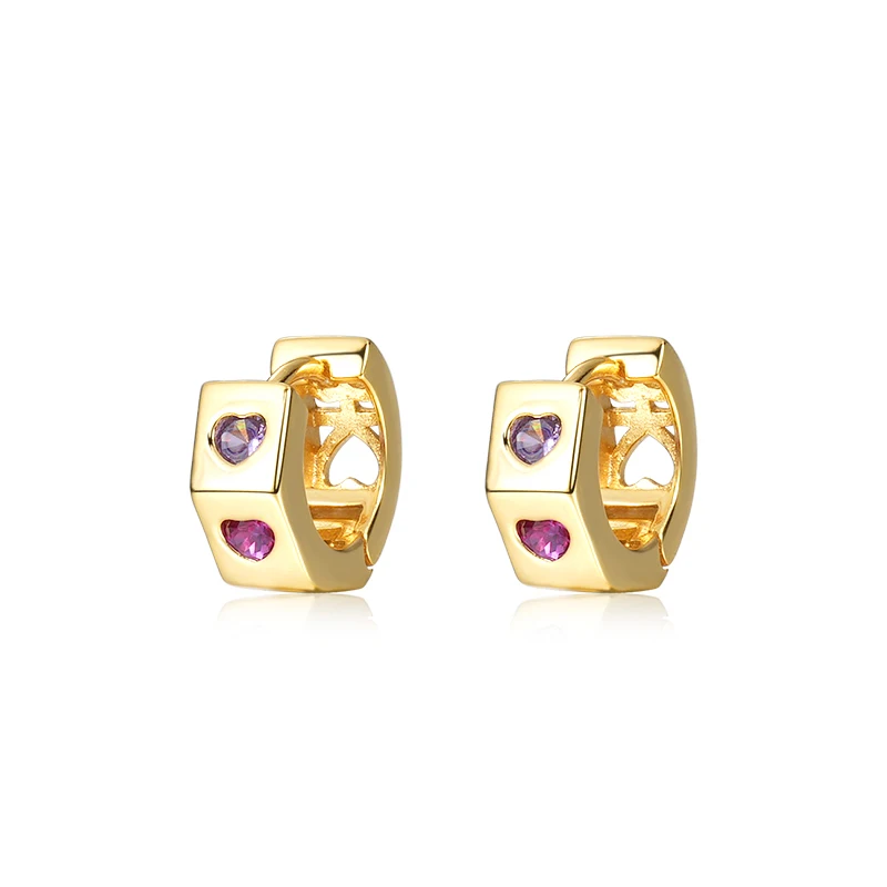 Geometric Earrings Design Gold Plated Love Heart Colorful Zircon Huggie Hoop Earrings 925 Sterling Silver Women