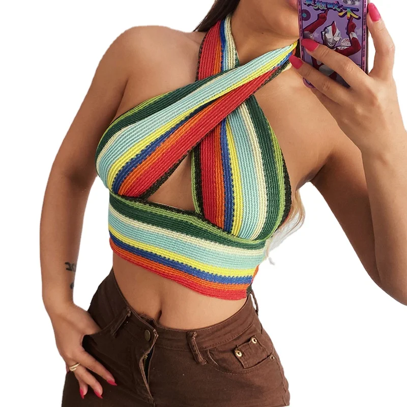 

2021 New arrivals summer collection women sexy halter sleeveless fashion knited blouse ladies crop tops