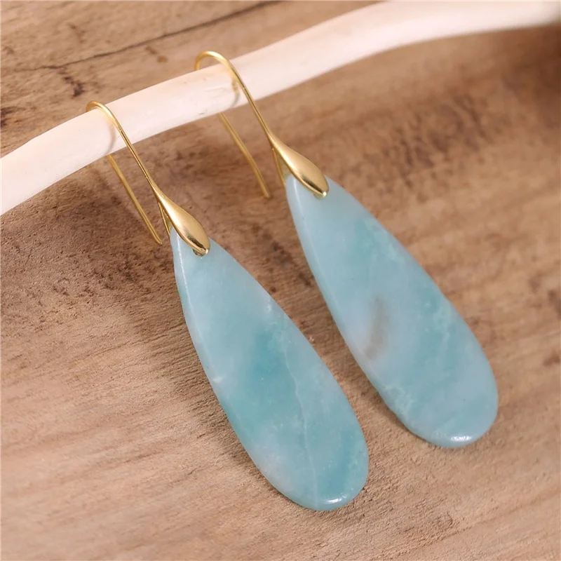 

popular jewelry Women Gemstone Teardrop Amazonite Drop Earrings 18k Gold Natural Stone Dangle Hook Earrings Designer Women Jewelry Dropshipping