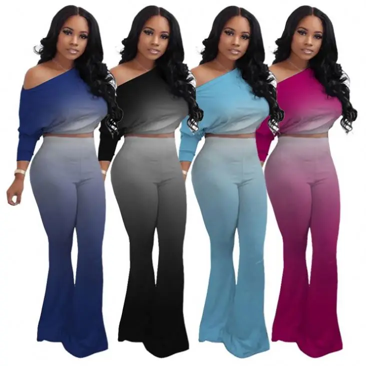 

TINA New Arrival Gradient Long Sleeves Slash Neck Stylish Two Piece Crop Top Flare Pant Set Girls Clothing Sets 2021