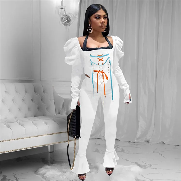 

2021 New Arrivals Boutique Women Clothing Ruffled Sleeve Bandage Ladies Casual 2 Piece Crop Top Set Lace Up Joggers, As picture
