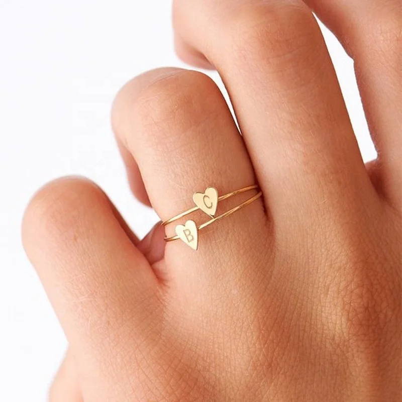 

Hand Stamped Stacking A-Z 26 Letters Initial Name Tiny Heart Rings for Women Gold Color Finger Rings Jewelry Wholesale