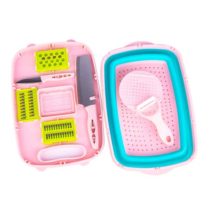

9 in 1 Kitchen Outdoor Multifunctional Folding Cutting Board Fruit Knife Kitchen Knife Water Filter Basket Combination Set, Green-blue, pink-blue