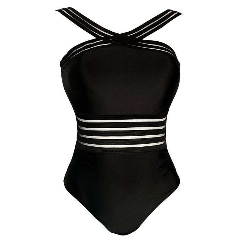 

black 2019 Sexy bikinis Women One Piece Swimsuit Solid Color Bandage bikini Bathing Suit Hollow Swimwear Femme Maillot De Bain, As picture